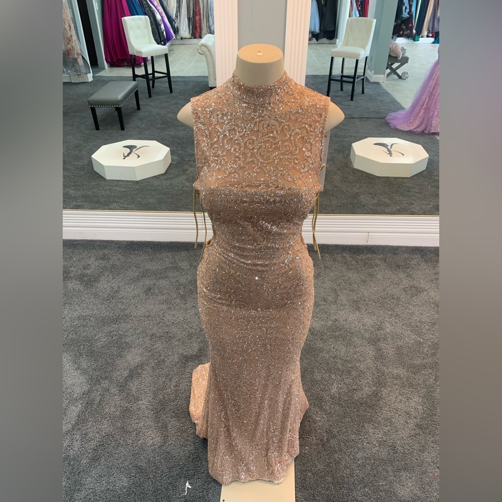 Size 12. gold bodycon dress. tie up sides. trumpet train. fully glittered gown